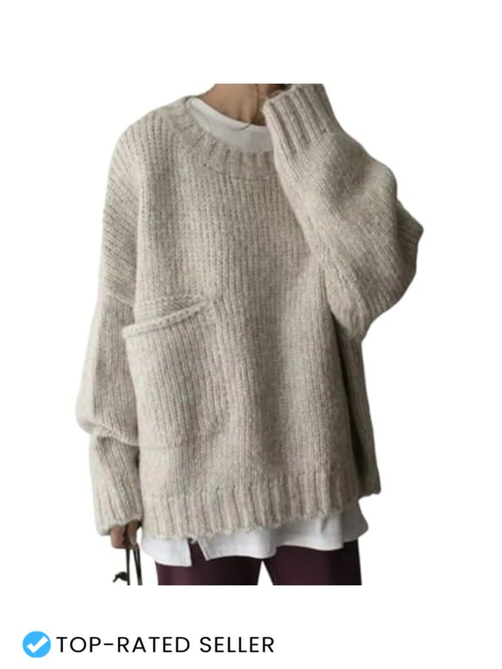 Oversized Knit Sweater with Pocket Batwing Long Sleeve Crewneck Pullover